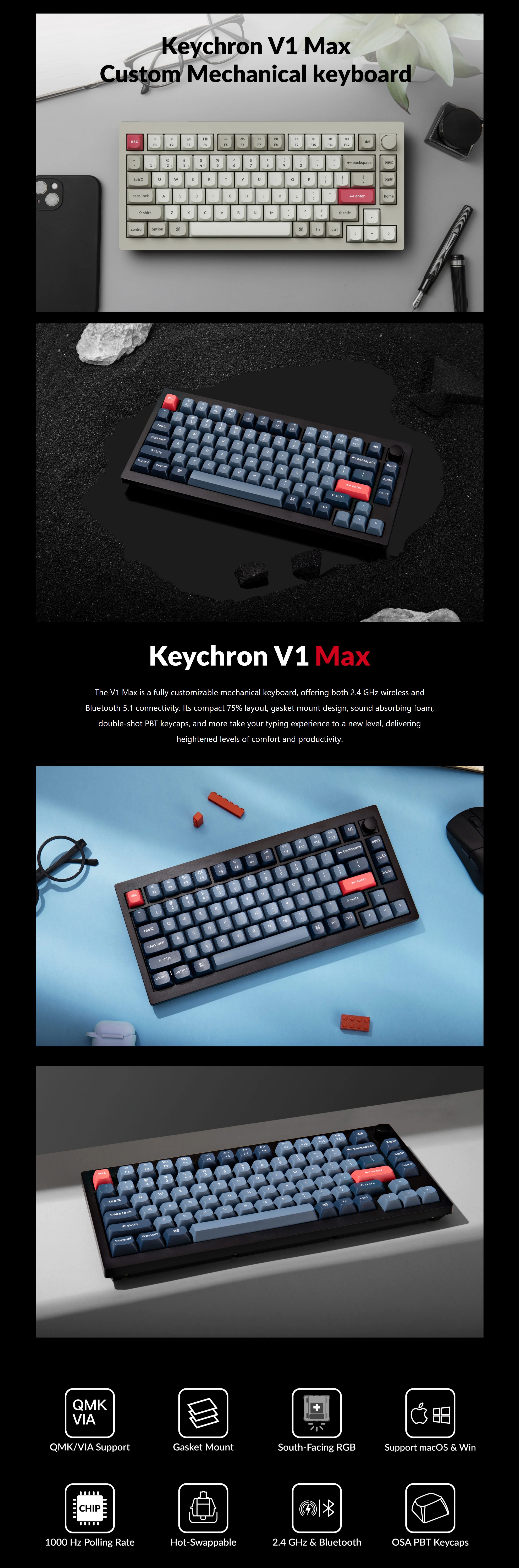 A large marketing image providing additional information about the product Keychron V1 Max - 75% QMK/VIA Wireless Custom Mechanical Keyboard - Black (Silent K Pro Switch) - Additional alt info not provided